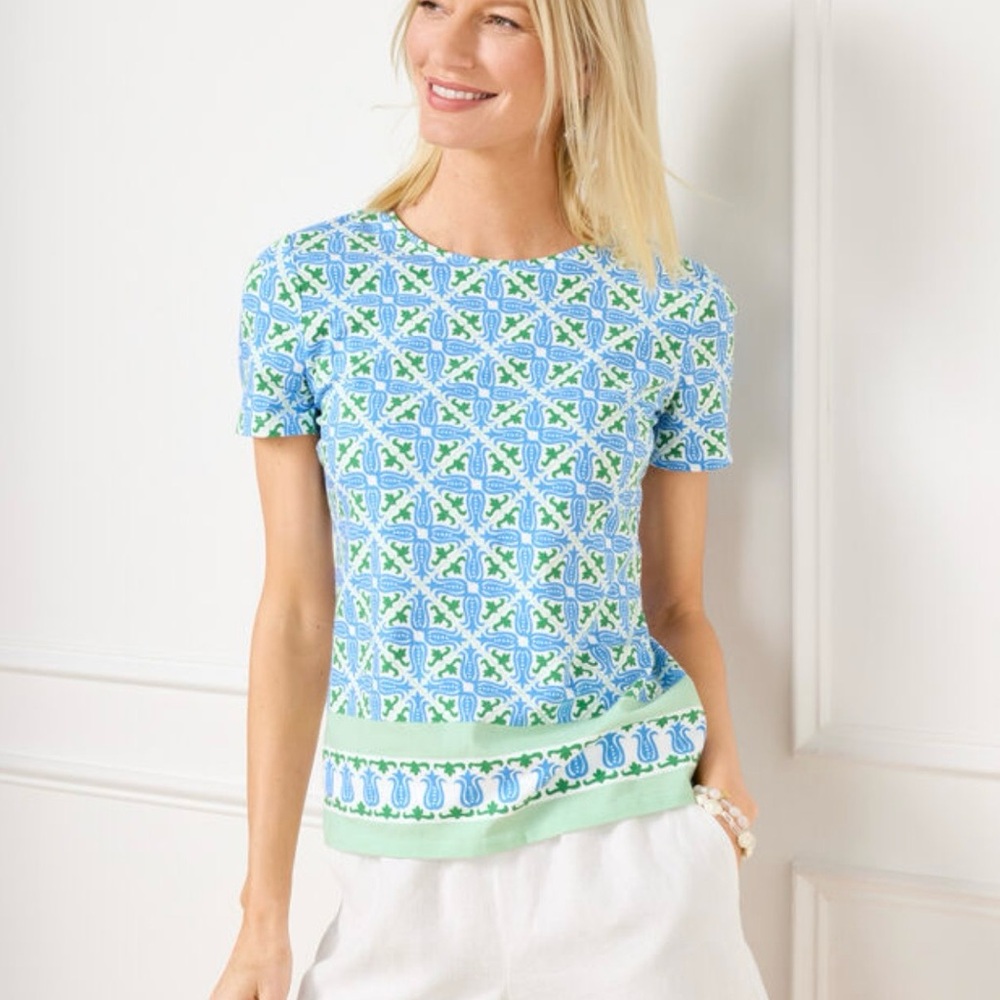 Talbots Crewneck Tee- Diagonal Tiles Green and Blue XS
